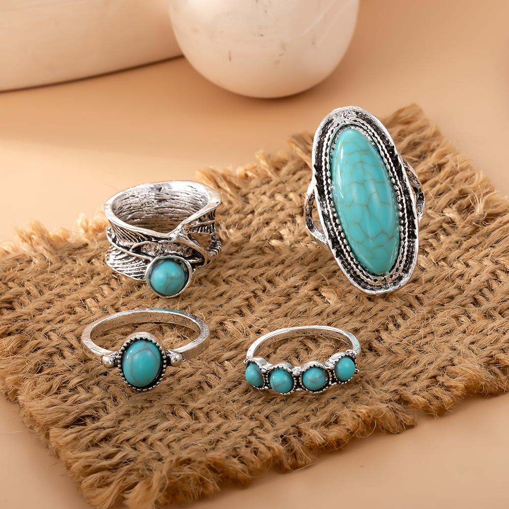 4Pcs Lady's Retro Ring - Bohemian Style Green Turquoise Finger Ring