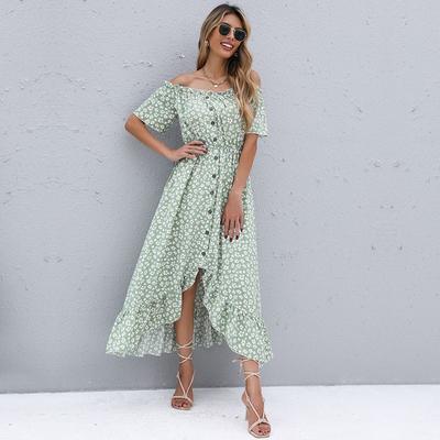 Summer Retro Sweet Wind Short-sleeved Floral Dress Irregular Off-the-shoulder Dress