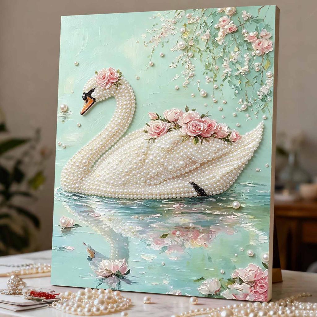 Easy DIY Framed Pearl Bead Painting Kit with Elegant Swan and Floral Pattern 3D Sparkling Canvas Art for Home Decoration Gift Idea