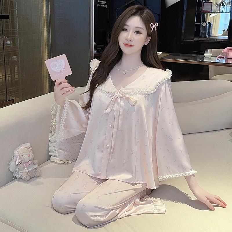 High-End Butterfly Ice Silk Pajama Set - Long Sleeve, Camisole, Long Pants, Four-Piece Luxury Homewear for Spring/Summer