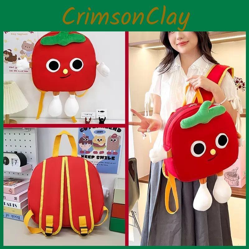 Canvas Cartoon Tomato Plush Backpack With Fun Cartoon Pattern Students For