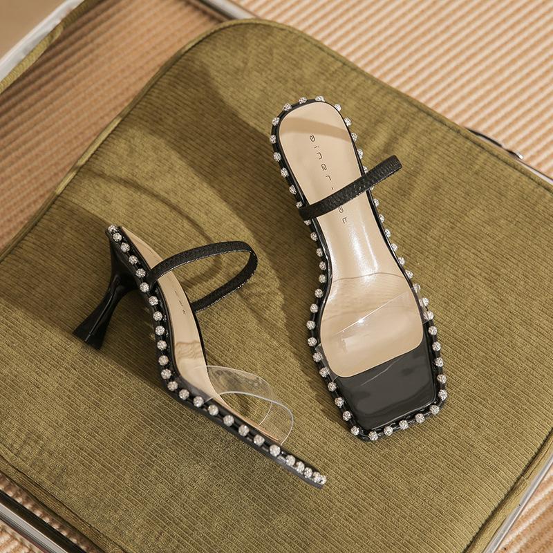 7303 [sheepskin] High-heeled Sandals Women's Thin Heels Summer 2025 New Transparent One-word Cold Slippers with Rhinestones