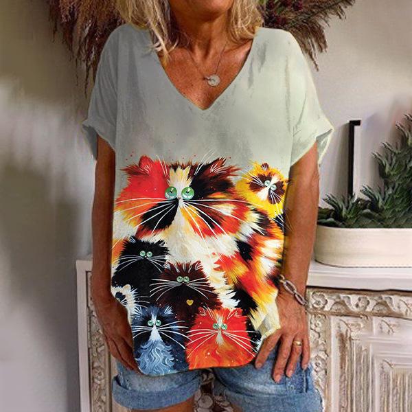 Sommer V-hals 3D Cat Printed Topp Fasjonable Casual Kortermede T-skjorter for kvinner