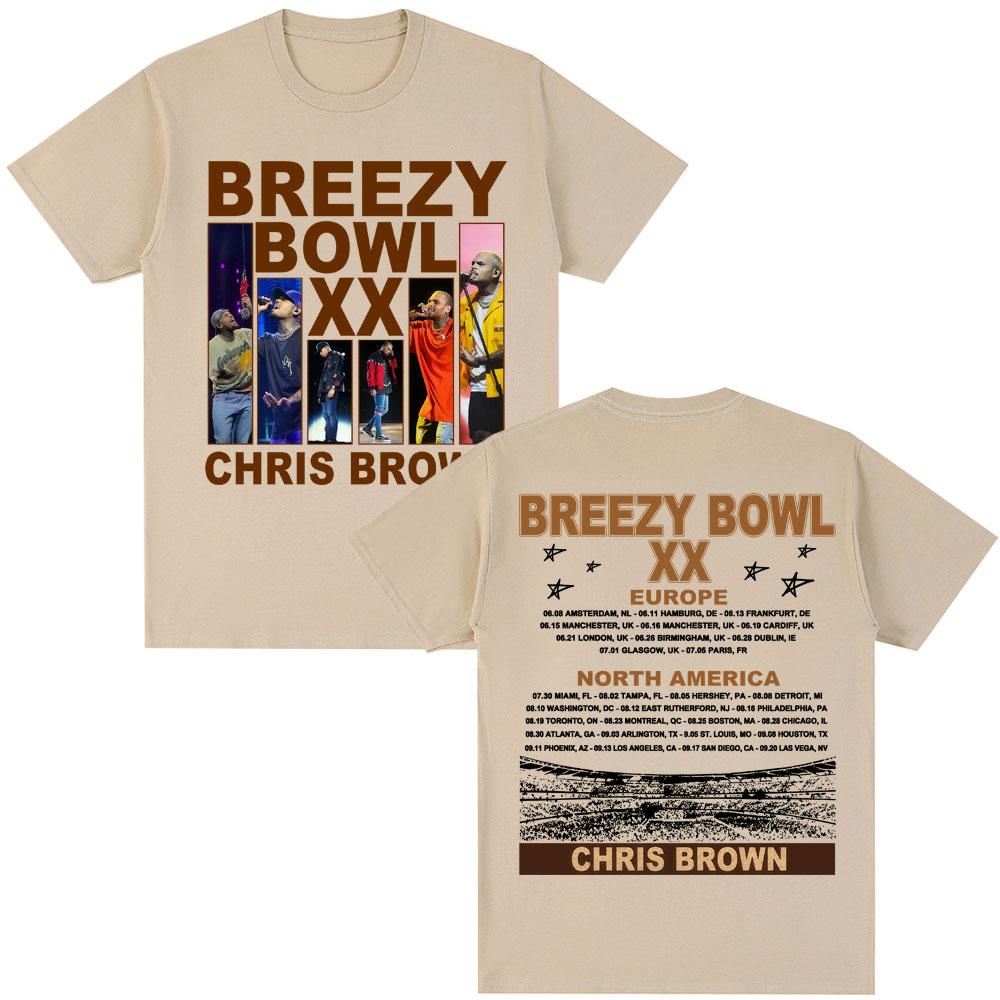 Rapper Chris Brown Album Tshirt Breezy Bowl XX Tour 2025 Hip Hop Vintage T Shirt Men Women Oversized Cotton Tshirts Streetwear