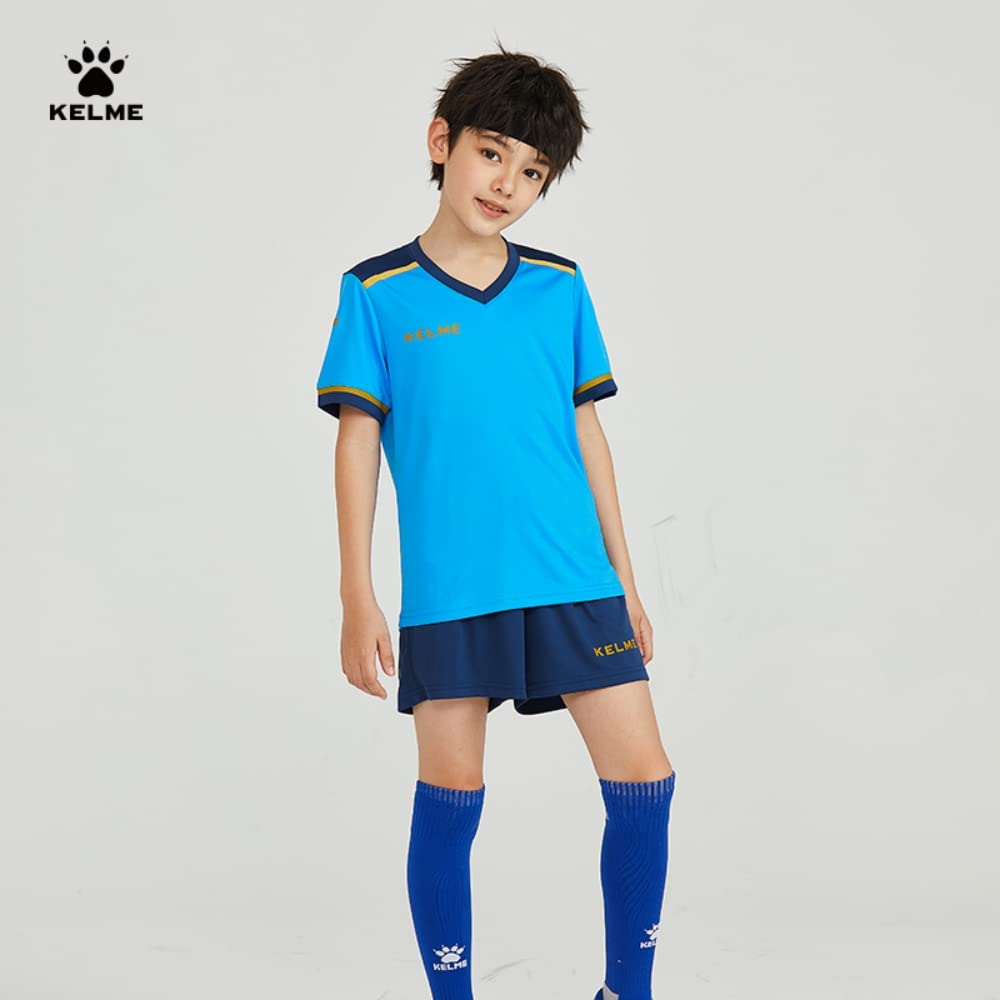 Kelme Junior Soccer Wear, Kids Training Set, Top and Bottoms, Short Sleeves, Quick-Drying and Breathable, Blue, Size 120