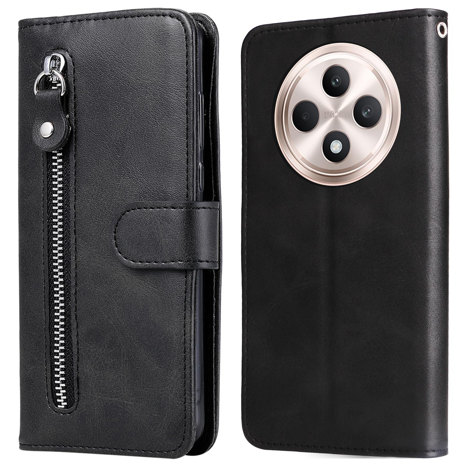 

For Oppo Reno12 F 5G Case PU Leather Zipper Wallet Protective Phone Cover Black
