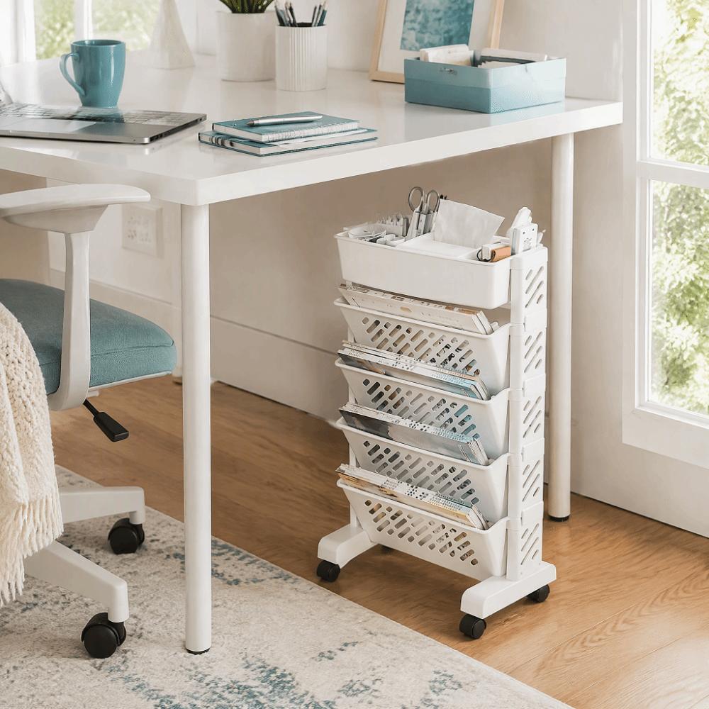 Plastic Rolling Bookshelf Removable Storage Cart Durable Mobile Bookcase Space Saving