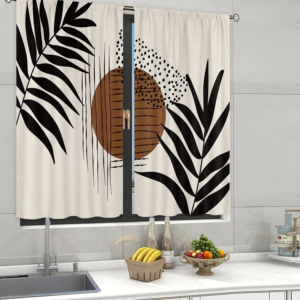 2 Stücke Boho Mid Century Modern Abstrakte Braune Blätter Küchenvorhänge Wohnzimmer Schlafzimmer Fenster Vorhänge Behandlung Heimdekoration