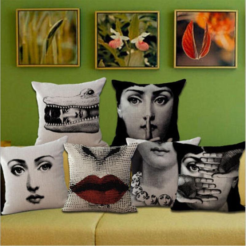Unique Linen Vintage Piero Fornasetti Face Throw Pillow Case With Artistic Face Illustration