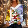 Women's Christmas Print Long Sleeve V-Neck Top with Plush Collar and Patchwork Design