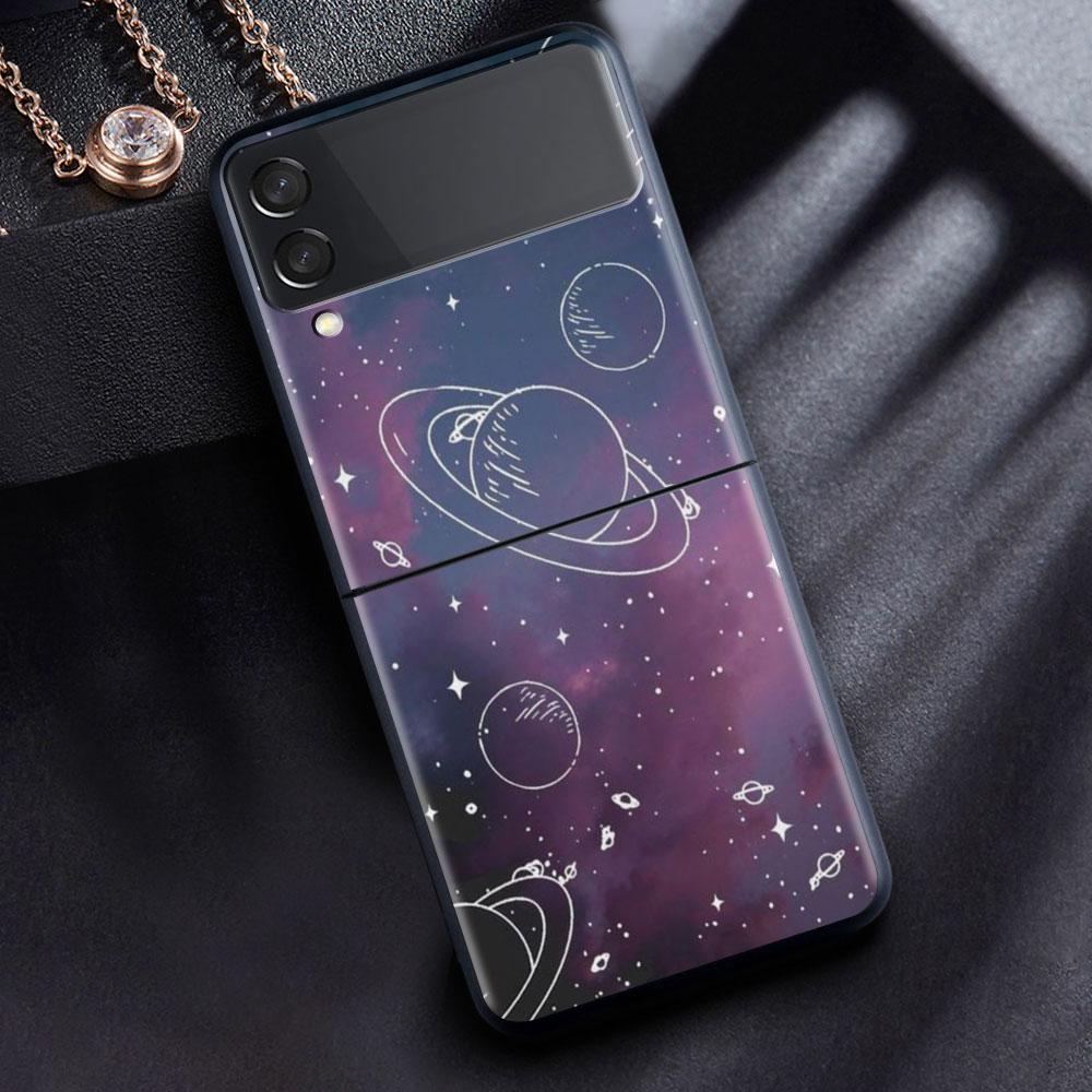 Case For Samsung Galaxy Z Flip 3 4 5G Black Hard PC Phone Housing Z Flip4 Luxury Segmented Cover Cosmic Planet
