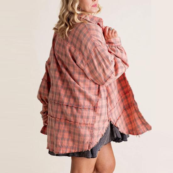 Chemise Femme Revers Manches Longues Poches à Rabat Hauts de Chemise Boutonnage Simple Bord Frangé Effet Vieilli Coupe Oversize Veste Chemise