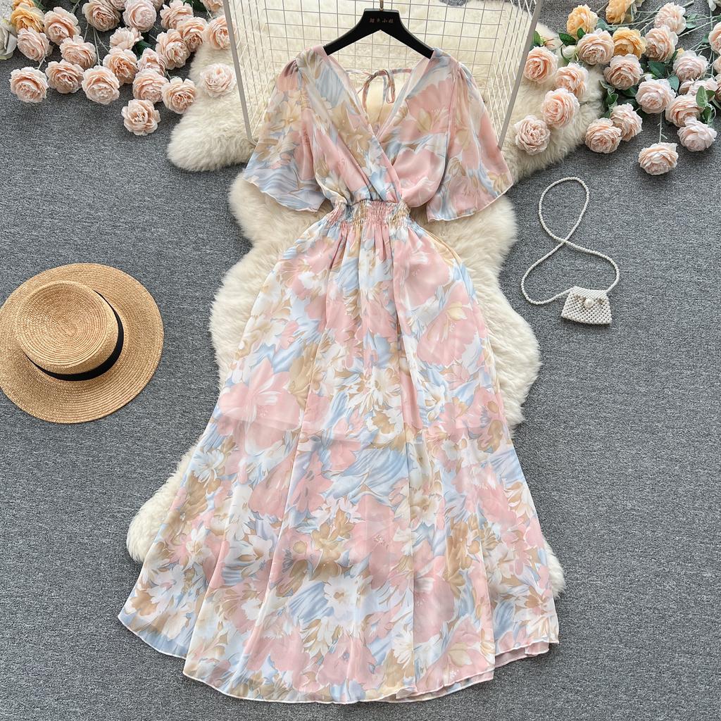 Frauen Chiffon Floral Lange Kleid Koreanische V-ausschnitt Kurzarm A-linie Party Kleider Sommer Böhmischen Stil Strand Vestidos