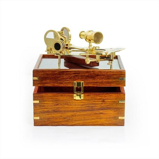 22.86 Cm Large Brass Sextant with Glass Wooden Box Nautical Navigation Collection Pirate's Gift Decor Ideas Marine Instruments