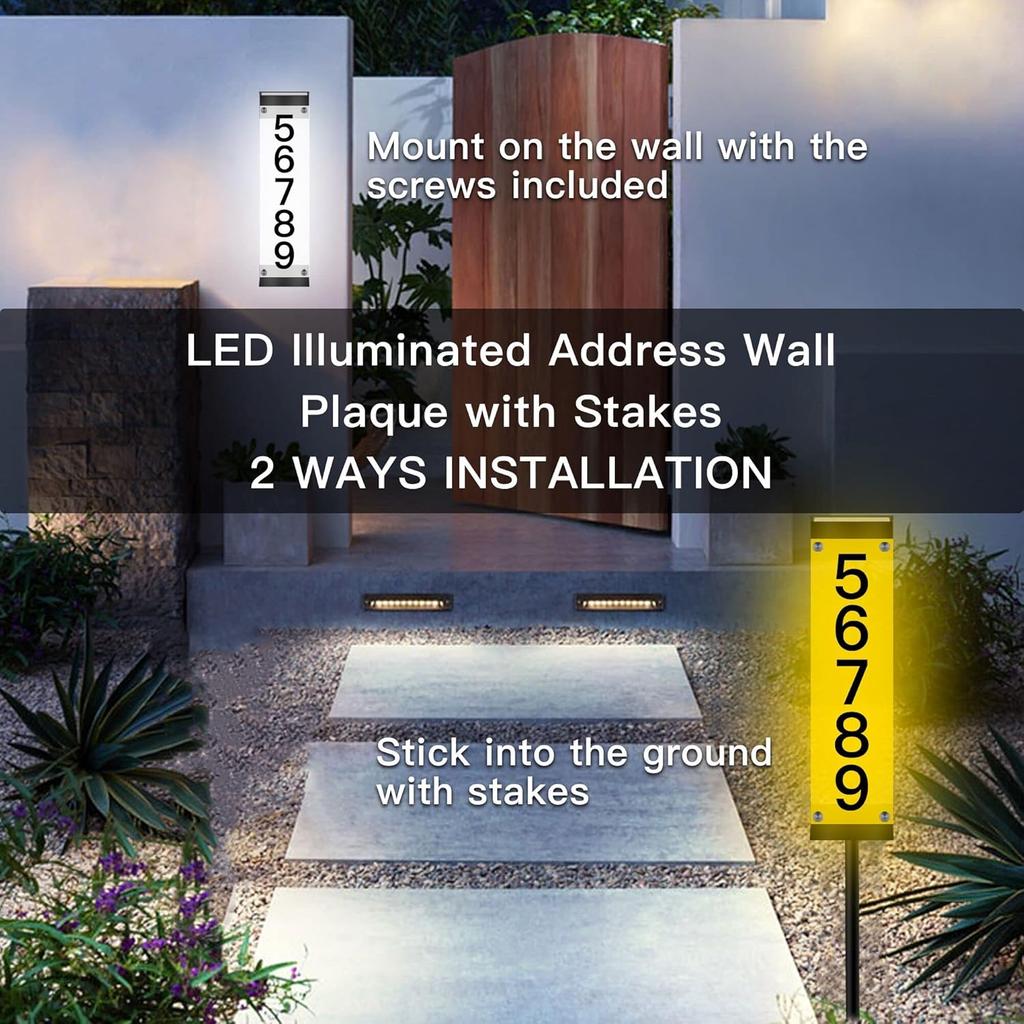 Solar House Numbers for Outside, Lighted Solar Address Sign Plaque Address Numbers for Houses Waterproof LED Solar Powered Address Sign with Stakes