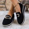Women's Wedge High-Heeled Slip-On Loafers, Black Comfort Work Shoes With Chain Detail.