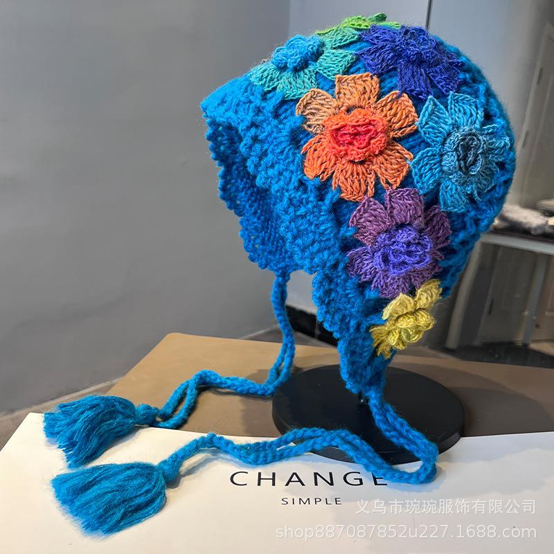 Hot-selling Handmade Crochet Wool Hat Abroad, Pure Cotton Three-dimensional Flower Hollow Women's Head Hat, Fashionable and Casual Pullover Hat