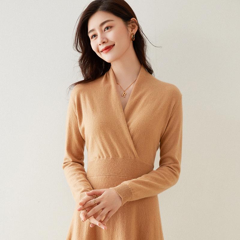 Autumn/Winter Cashmere Cross-Collar Long Knit Dress - Slim-Fit Skirt for Elegant and Commuting Style