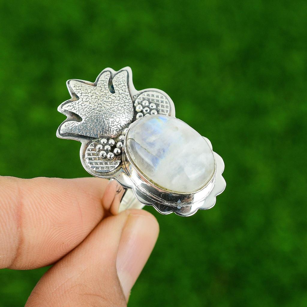Crown Chakra Rainbow Moonstone Stone Statement Promise Ring Jewelry 925 Silver