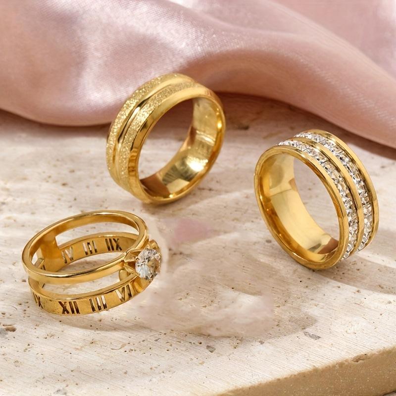 Stainless Steel Jewelry Cut Hollow Roman Numeral Inlaid Diamond Ring High-End Titanium Steel Ring Three-Piece Set