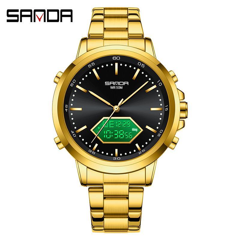 Sanda Men's Multifunction Luminous Waterproof Chronograph Steel Band Dual Display Watch