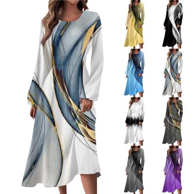 Women's Autumn And Winter Casual Fashion Round Neck Long Sleeve Print Long Dress