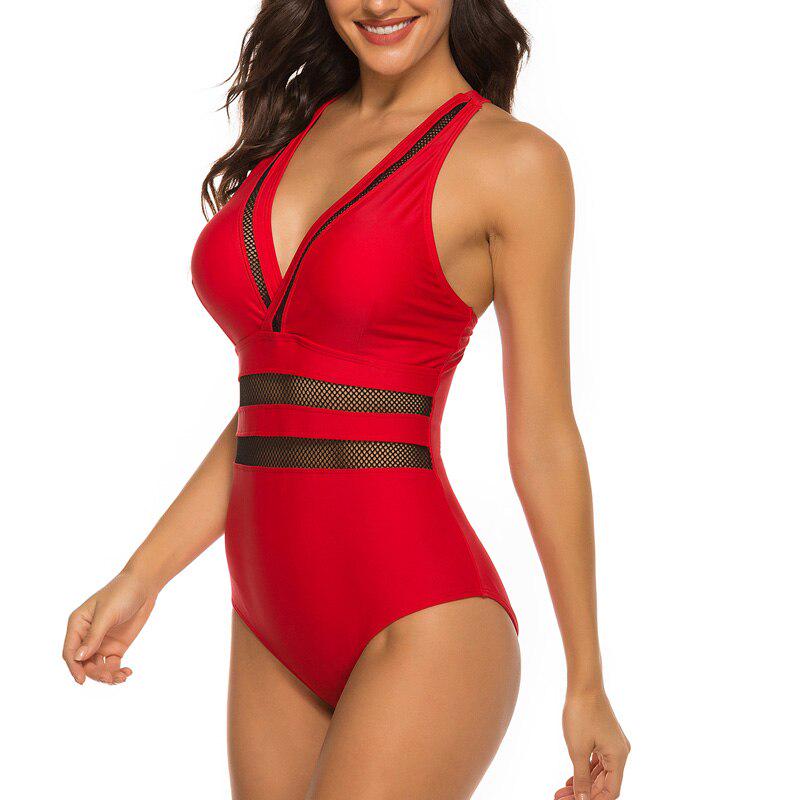Sexy Swimwear Women One Piece Swimsuits Solid Mesh Bathing Suits Cross Back Beach Wear