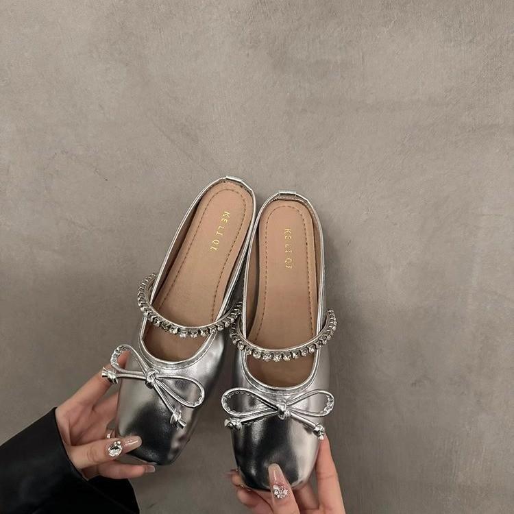 Flat Bottom Silver Gentle Bag Head Half Slippers Outer Wear New Spring and Summer Bow Single Shoes Mary Jane Shoes