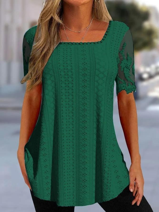 Summer New European and American Women's Square Neck T-Shirt Hollow Lace Sleeve Casual Top