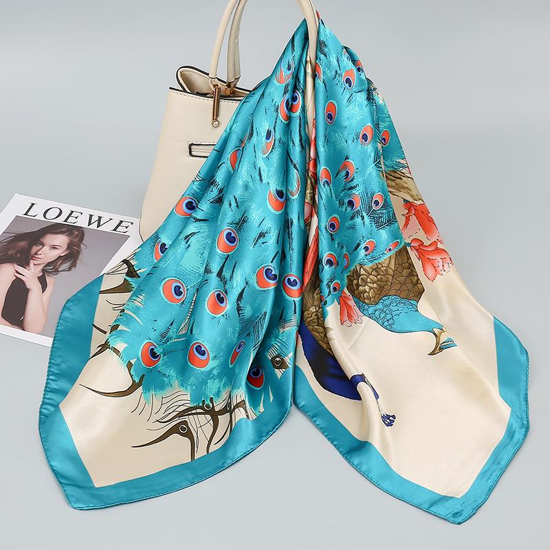 90*90cm Hijab Scarves Women Fashion Peacock Pattern Print Scarf Female Square Shawls Head Ladies Bandanna Foulard Muffler Girl
