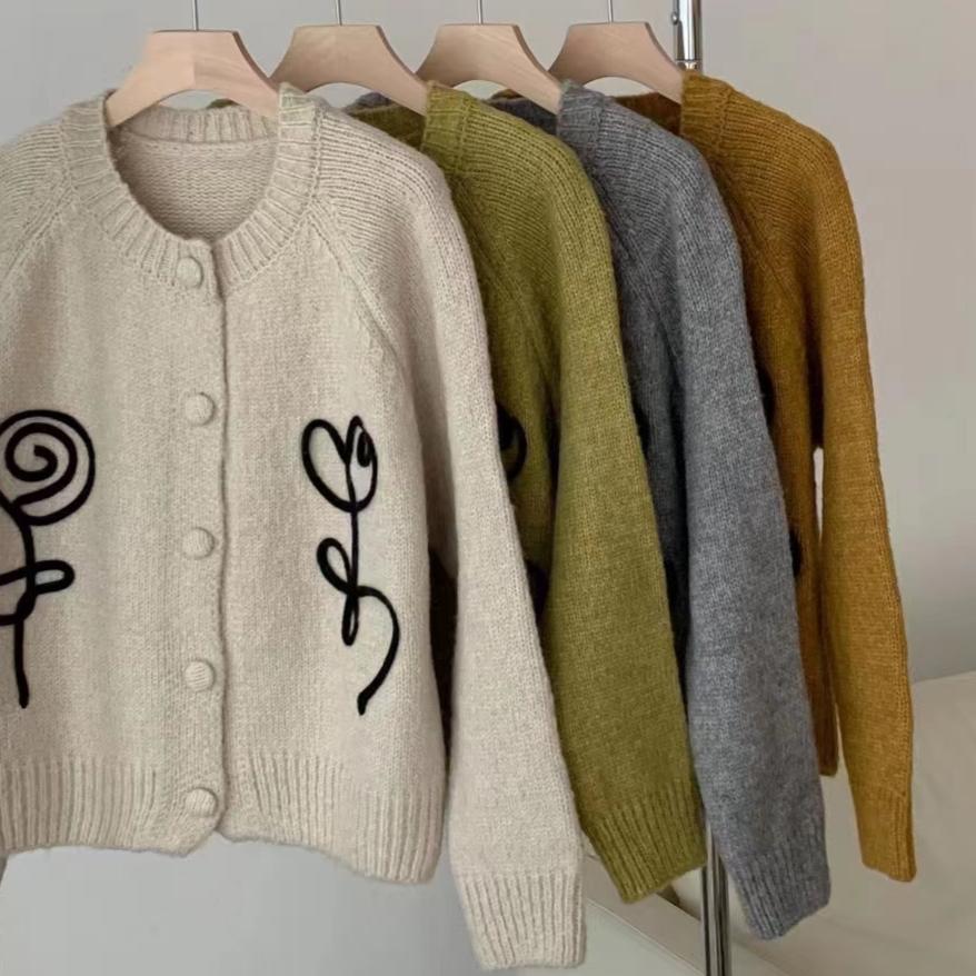 Podzim Zima jednořadý Pletený svetr Krátký kardigan bunda Volný Kulatý výstřih korejská Móda květinové Svetry mládež Ženy