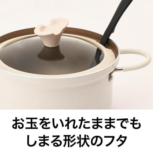 Evercook 20cm Double-Handled Pot, Induction and Gas Compatible, 500-Day Charcoal Safe, with Glass Lid, Non-Stick, Curry and Stew, Ivory, by Doshisha