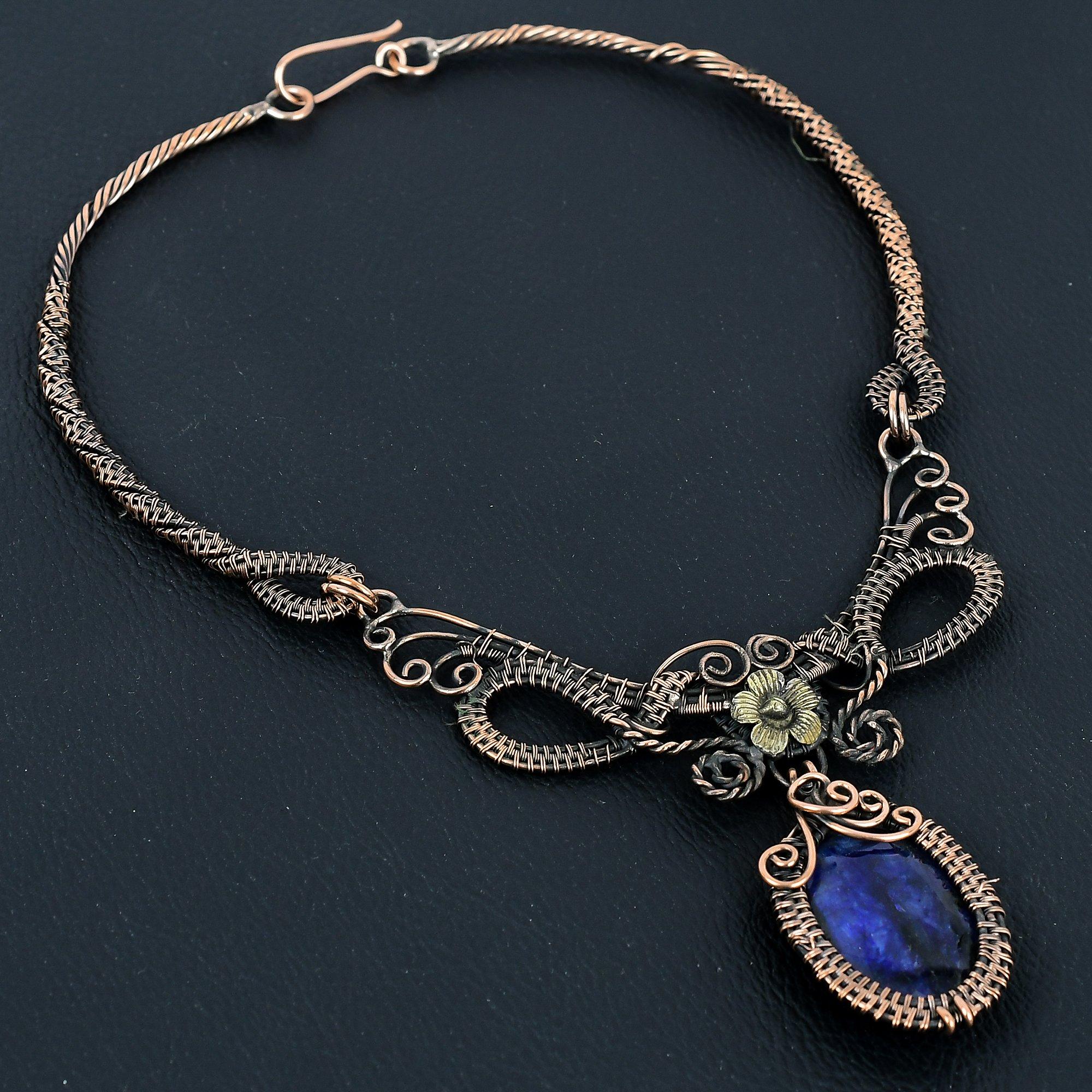 

Ожерелье с синим сапфиром, Ожерелье из драгоценных камней ручной работы, Ожерелье, обернутое медной проволокой 999 пробы, Антикварное украшение, Для подарка на помолвку 2.55 Inches