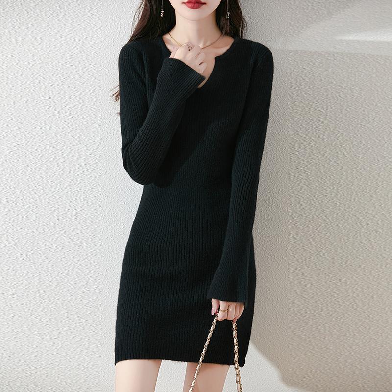 Women Sweater Dress 100% Wool V-neck Knit Long Pullover Winter Jumpers Wool Long Dress Female