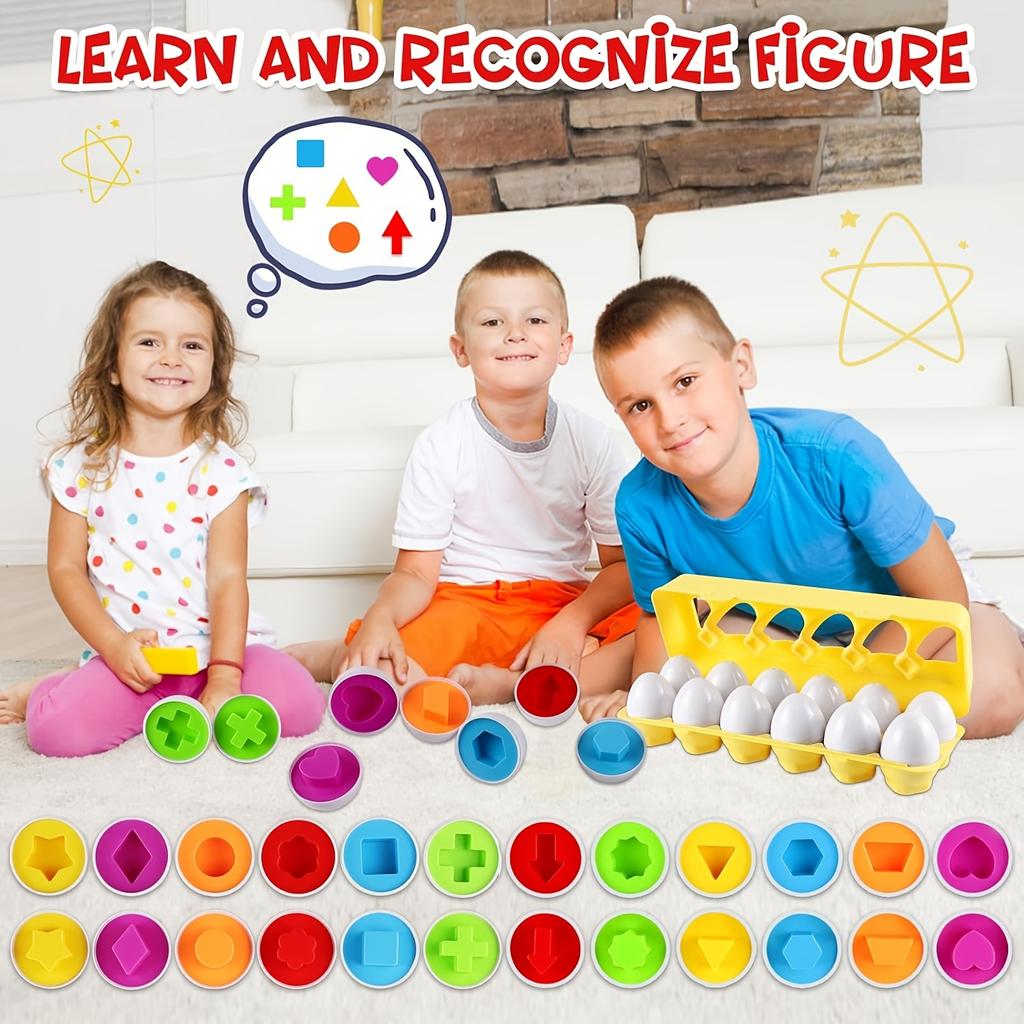 12-Piece Educational Egg Matching Game - Teen Color and Shape Sorting Puzzles, Random Colored Early Learning Toys, Durable Plastic Knot
