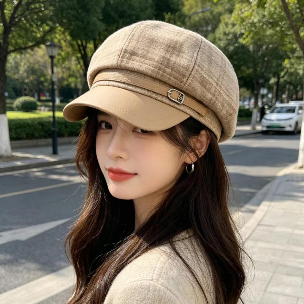 Big head circumference beret women's new spring and autumn octagonal cloud hat showing face little British temperament newsboy hat