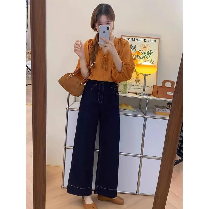 Women's Plus Size Dark Blue Straight Leg Jeans - Spring 2026 Loose Fit Pear Shape Slimming Wide Leg Pants