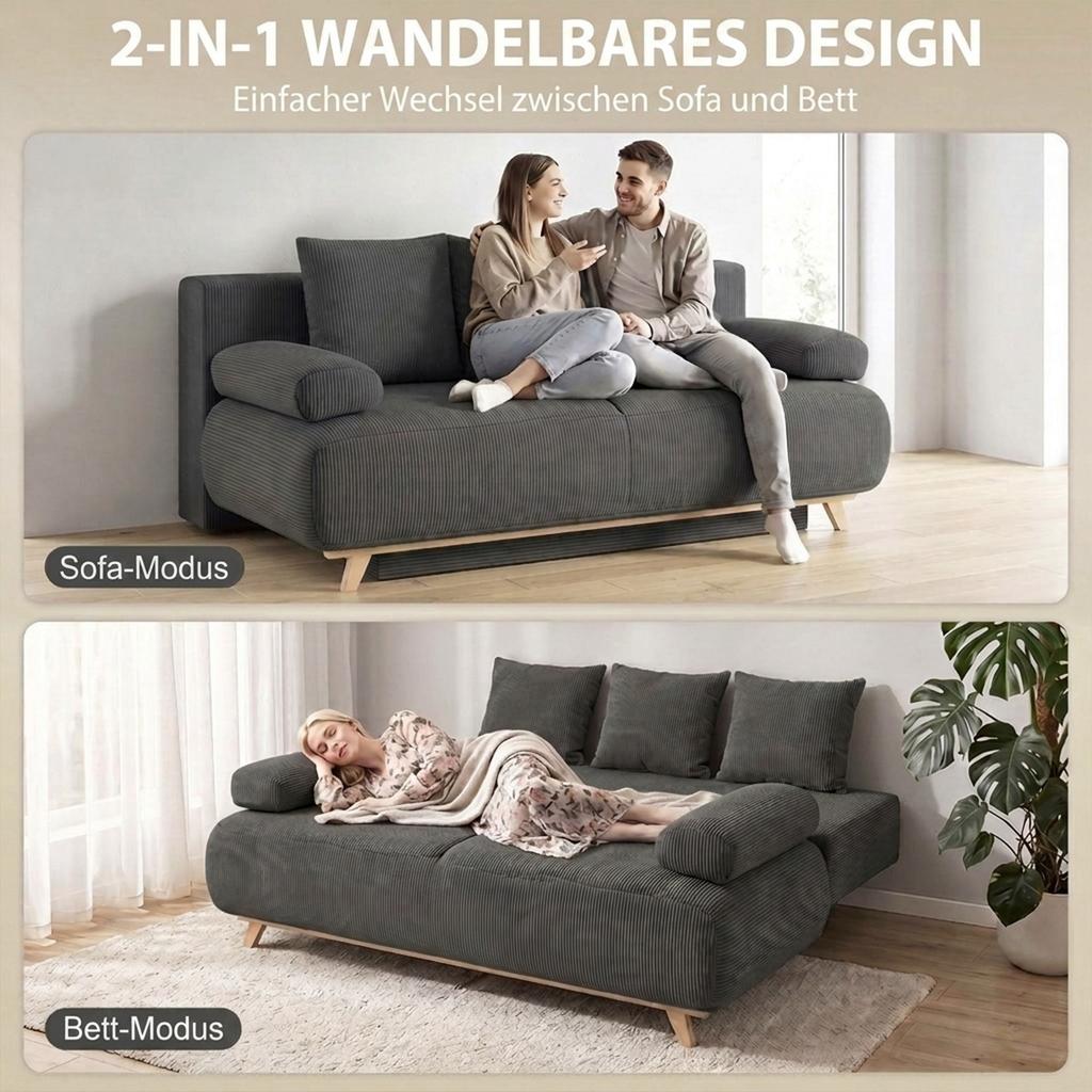 Sofa Bed with Adjustable Backrest, Bed Function, Hidden Storage and Corduroy Cover, Grey