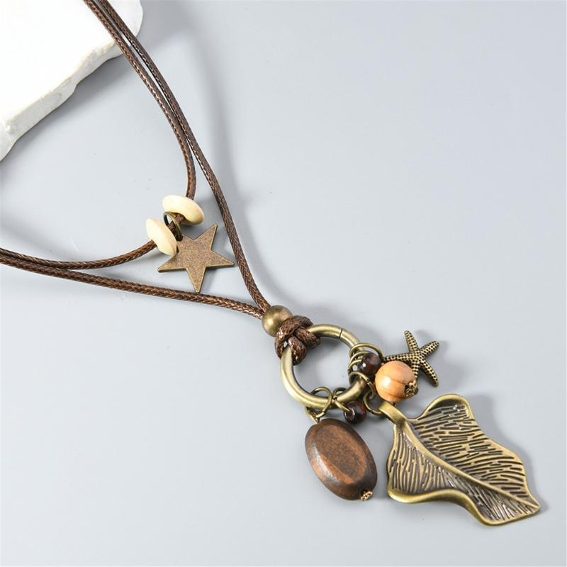 Artisanal Crafted Beaded Leaf Necklace Soft Wax Cord Multi Material Layering Design Versatile Jewelry Gift