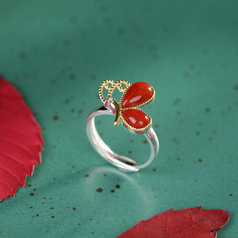 

Natural Red Butterfly Jade Ring with Zircon Inlay Adjustable Open Size