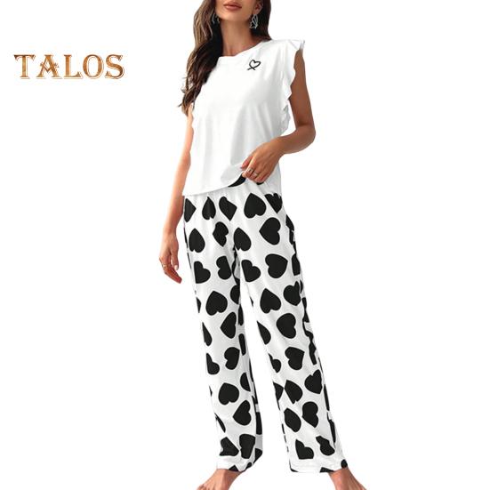 

Женский атласный пижамный комплект, топ с оборками и широкие брюки, повседневный комплект из 2 предметов домашней одежды для отдыха S чёрный