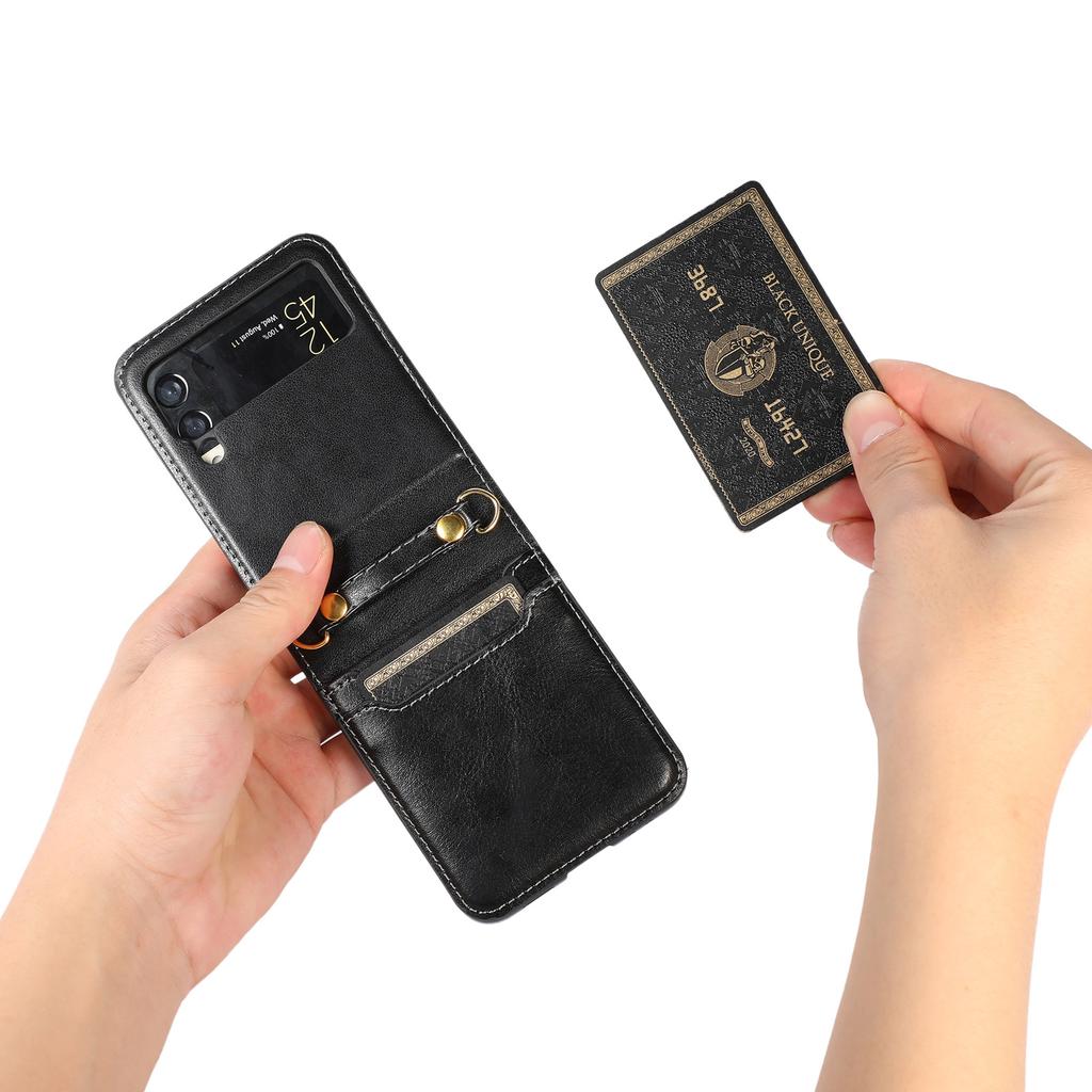 Applicable To Samsung Z Flip7 Mobile Phone Case Z Flip5 Folding Mobile Phone Solid Color Card Insert Leather Case Strap Diagonal Strap Rope