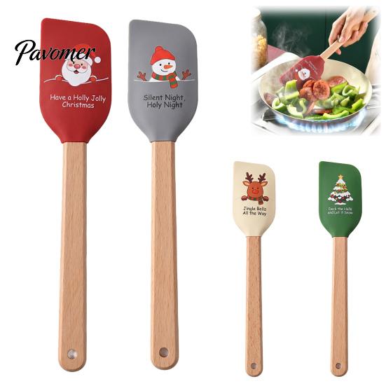 Decorative Holiday Baking Utensils Silicone Spatula with Wooden Handle, Christmas Tree/Snowman/Santa Claus/Elk Pattern for Decor, Heat Resistant