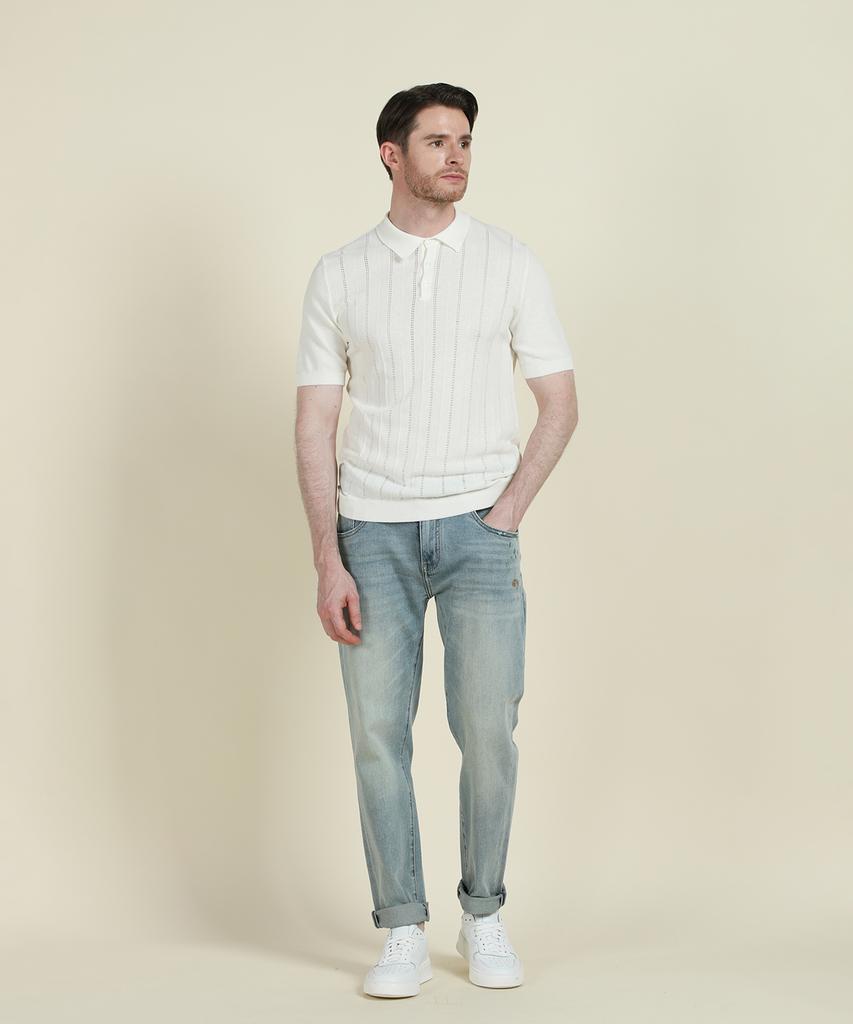 PANICALE Ivory Striped Short-Sleeve Polo Knit