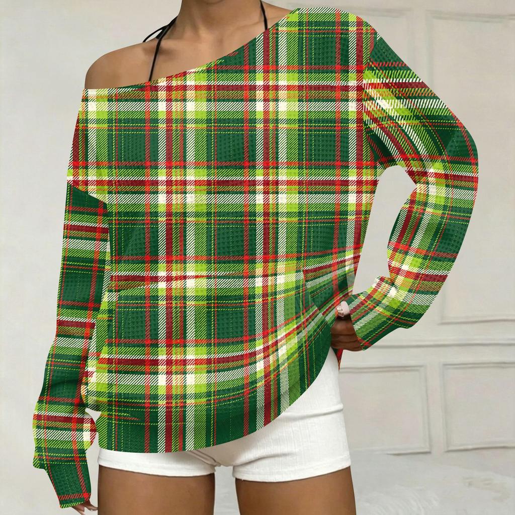 Damen Freizeit Karo-Print Off-Shoulder Langarm Locker geschnittenes Sweatshirt mit Taschen