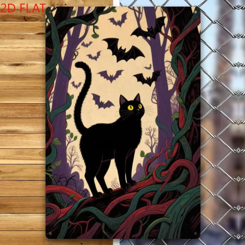 1pc 2D Flat Vintage Halloween Iron Sign Black CatBatsMystical Forest Decor Ideal for HomeGardenIndoorOutdoor