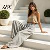 Pleated Palazzo Pants Women Wide Leg Casual Pants, Elastic Waist Solid Color Loose Breathable Trousers, Spring Fall with Pockets Lightweight