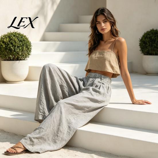 Pleated Palazzo Pants Women Wide Leg Casual Pants, Elastic Waist Solid Color Loose Breathable Trousers, Spring Fall with Pockets Lightweight