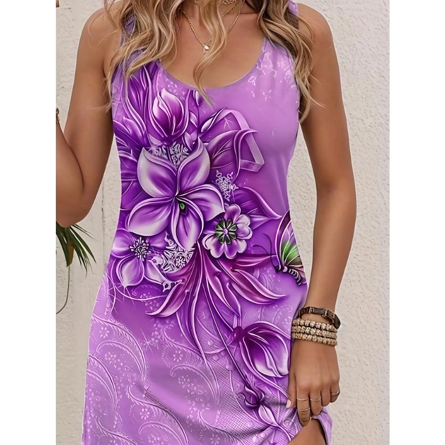 Women'S Bohemian Mini Dress A-Line Skirt Elegant and Stylish Casual Daily Floral Pattern Sleeveless Light Purple Tank Dress Tops