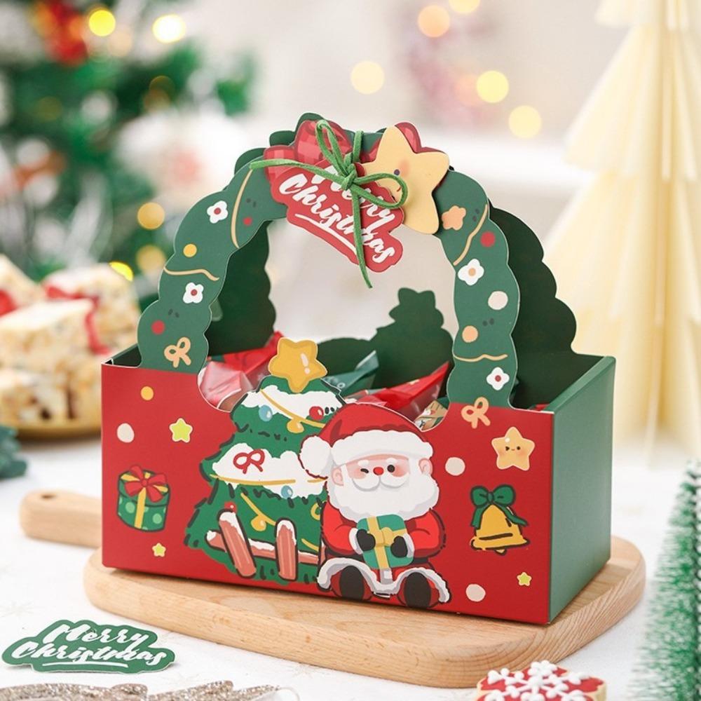 5pcs New Christmas Handle Treat Boxes Cartoon Santa Claus Paper Gift Packing Bag Navidad Decor Red Green Xmas Packaging